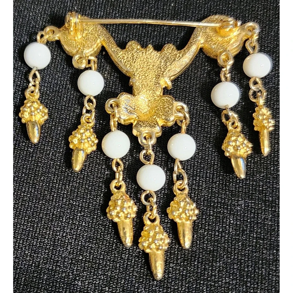 Vintage Etruscan Revival Gold Tone Milk Glass Dangle Brooch Floral Tassel - Picture 3 of 6